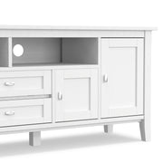 Handcrafted Warm Shaker TV media stand by Simpli-Home with open shelving and storage compartments for modern living rooms.