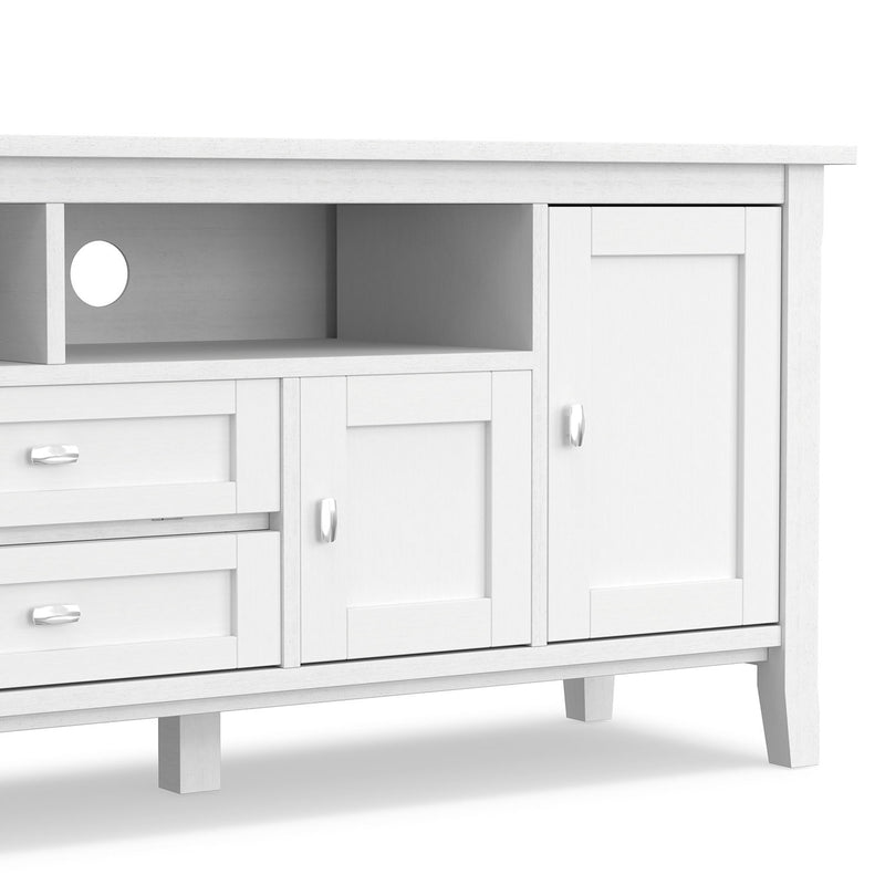 Handcrafted Warm Shaker TV media stand by Simpli-Home with open shelving and storage compartments for modern living rooms.