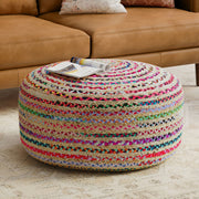 Large multicolor round accent pouf by Simpli-Home, featuring vibrant fabric and plush upholstery for versatile seating.
