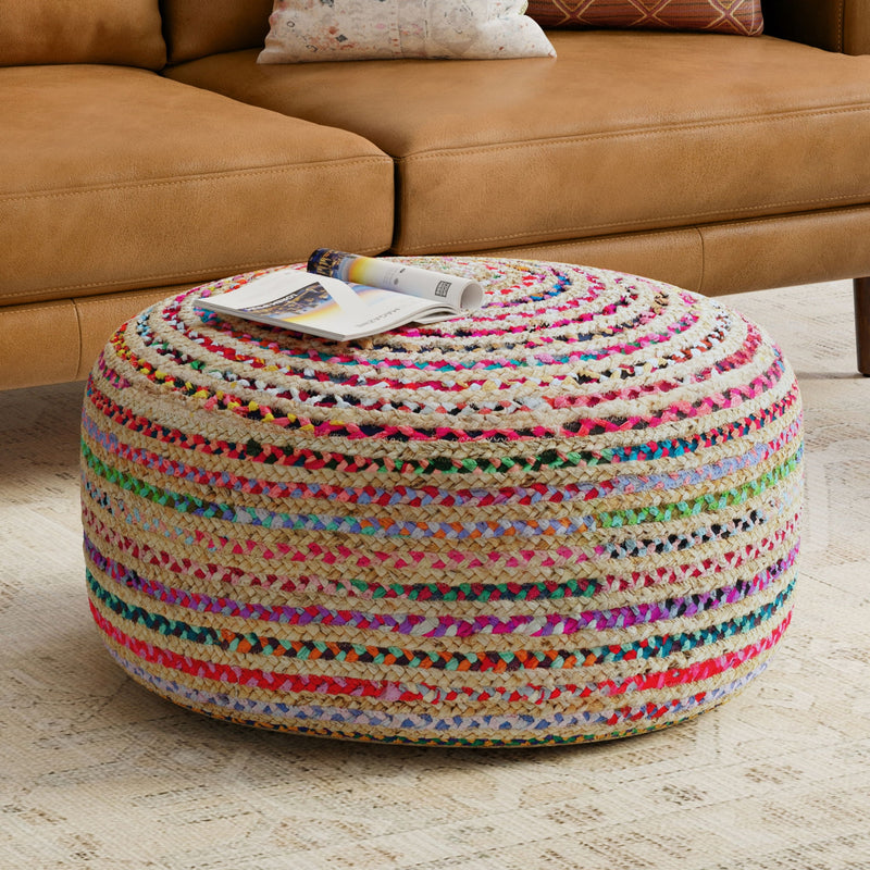 Large multicolor round accent pouf by Simpli-Home, featuring vibrant fabric and plush upholstery for versatile seating.
