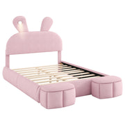 Full Upholstered Platform Bed With Cartoon Ears Headboard And LED Light - Pink - R&R Furniture Gallery (Fountain Valley, CA)