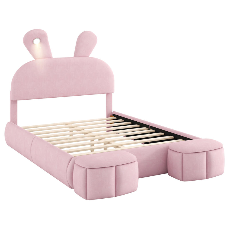 Full Upholstered Platform Bed With Cartoon Ears Headboard And LED Light - Pink - R&R Furniture Gallery (Fountain Valley, CA)
