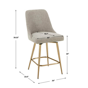 Upholstered gray and gold counter stool by Uttermost with a modern design and wooden legs, suitable for kitchen or bar area.