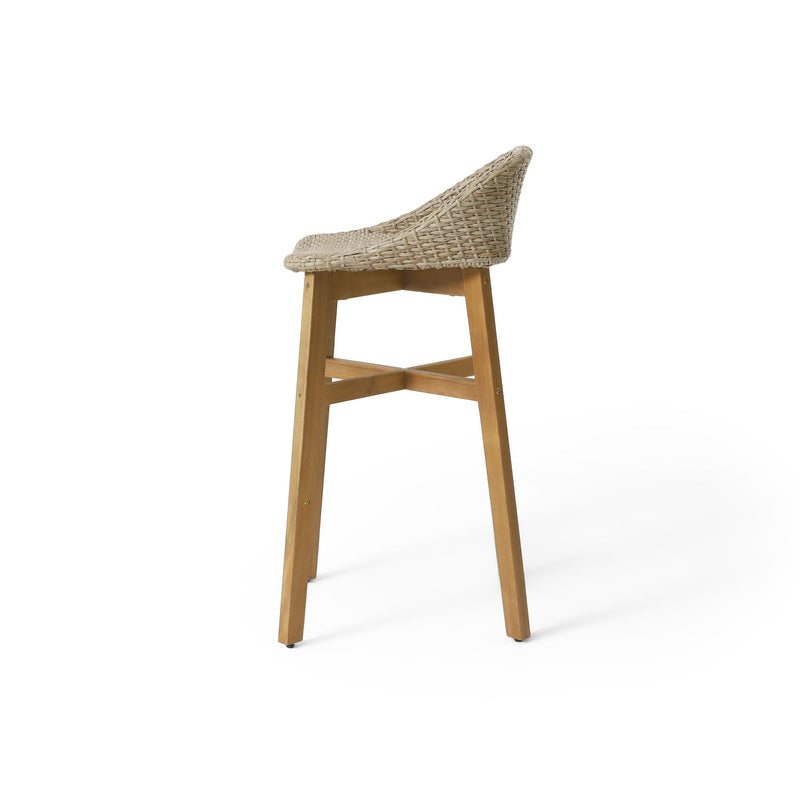 Set of four outdoor wicker and acacia wood barstools by Noble House, water-resistant brown stool set with cushioned seats.