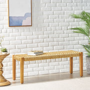 Outdoor bench by Noble House featuring acacia wood and faux rattan in teak finish, ideal for patio or garden seating.