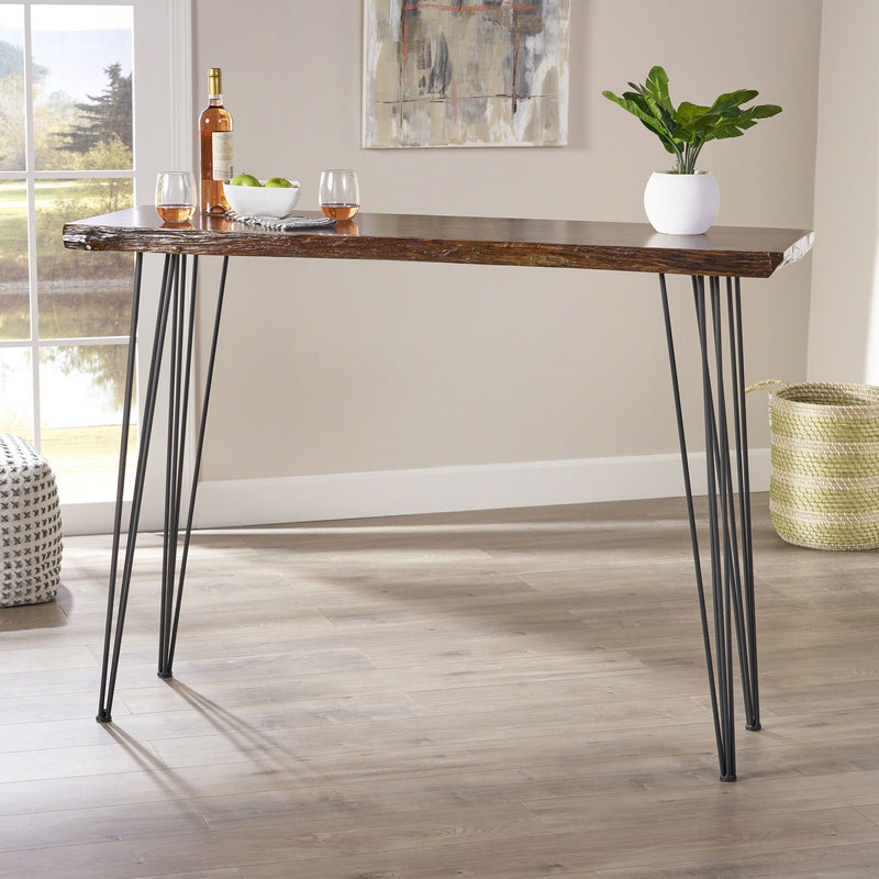 Modern industrial Noble House breakfast bar table with wood veneer top and metal hairpin legs, natural finish.