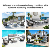 Life Outside 4-piece outdoor conversation set with chairs, bench sofa, tables, and Sunbrella cushions on patio.