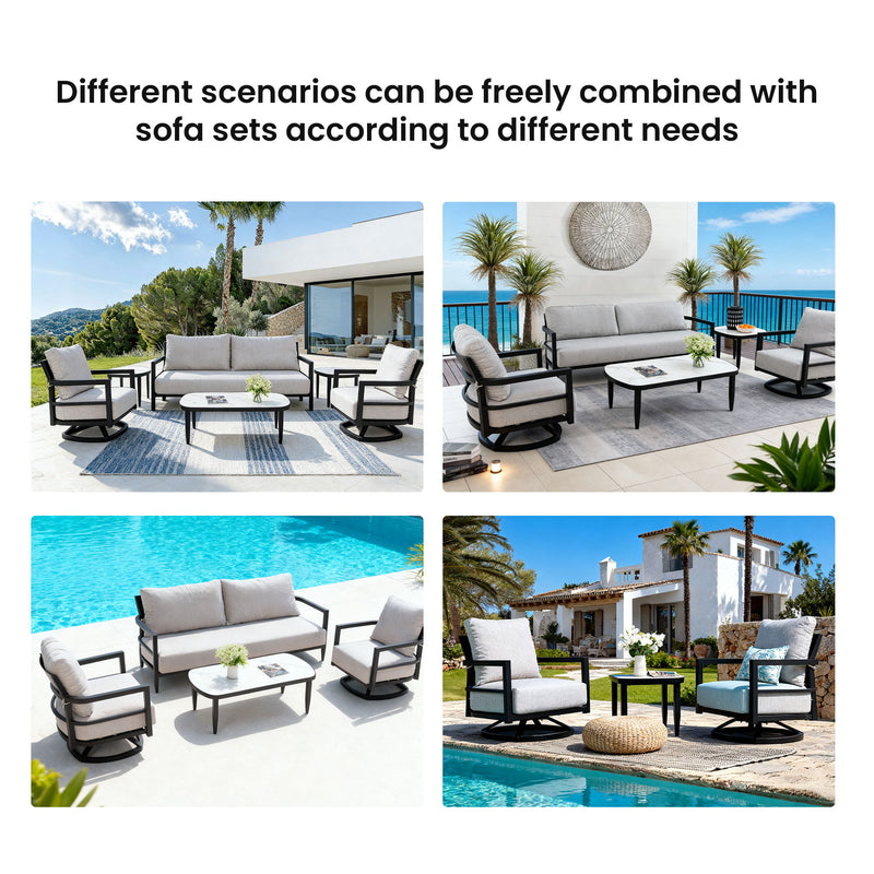 Life Outside 4-piece outdoor conversation set with chairs, bench sofa, tables, and Sunbrella cushions on patio.
