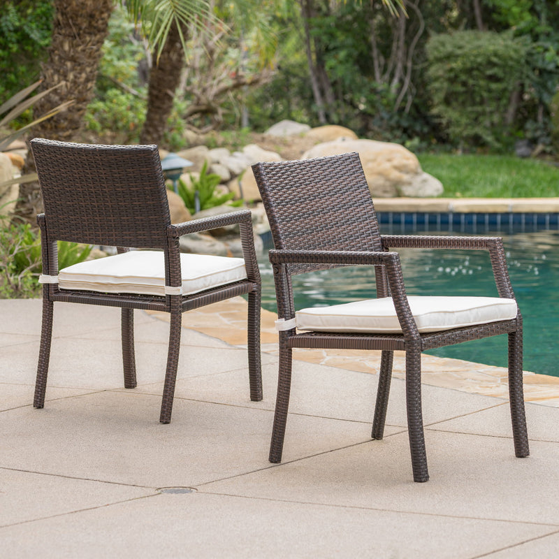 Outdoor Wicker Dining Chair With Water Resistant Cushions (Set of 2) - White / Brown - R&R Furniture Gallery (Fountain Valley, CA)