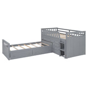 DreamHaus loft platform bed with seven drawers, full guardrails, L-shaped design, modern space-saving furniture in a bedroom.