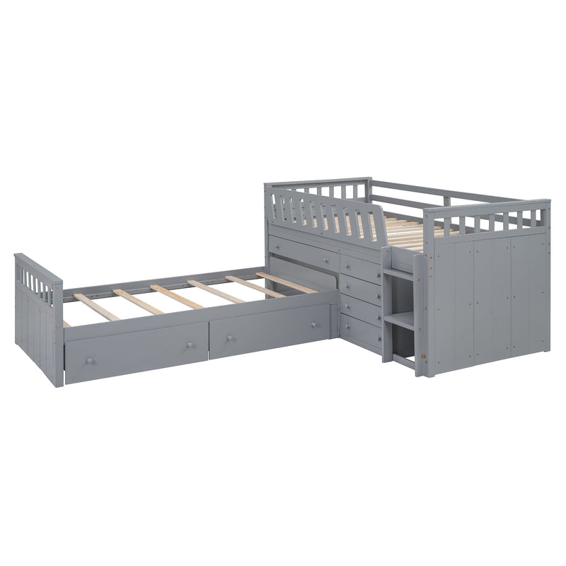 DreamHaus loft platform bed with seven drawers, full guardrails, L-shaped design, modern space-saving furniture in a bedroom.