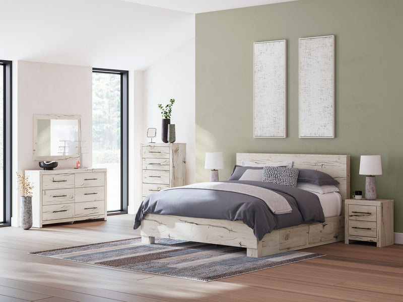 Benchcraft Lawroy 8+ piece storage bedroom set with bed frame, dresser, and nightstands in a modern bedroom setup.
