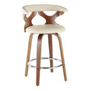Set of two Lumi Source Gardenia Mid Century Modern counter stools with wooden legs and beige upholstered seats.