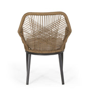 Noble House modern wicker arm chair with water-resistant cushions in brown and beige, ideal for stylish outdoor dining spaces.