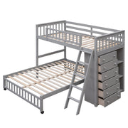 DreamHaus bunk bed with six drawers, flexible shelves, and a bottom bed on wheels, ideal for space-saving bedroom storage.