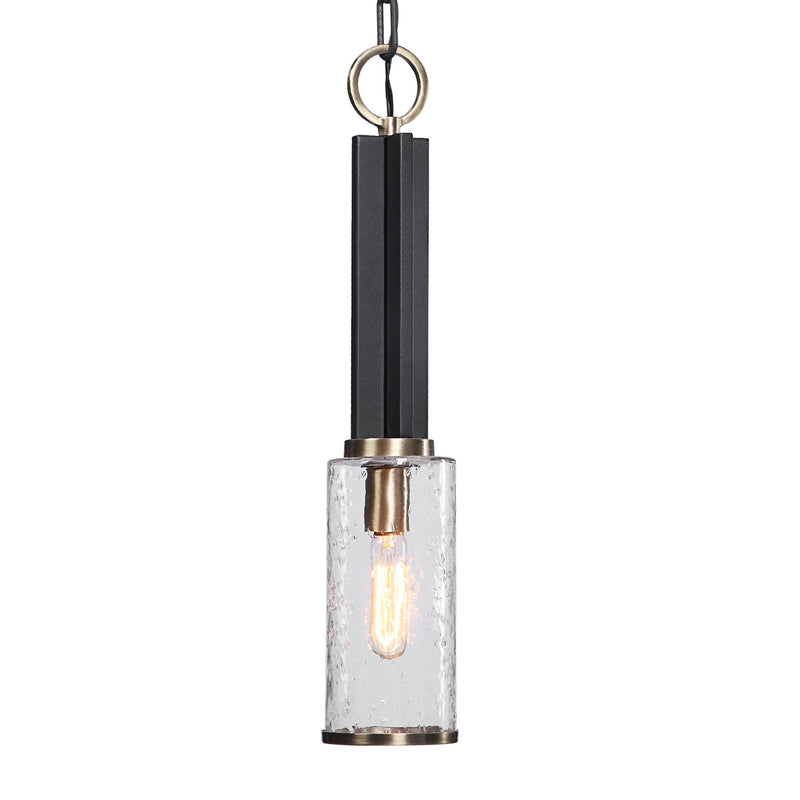 Uttermost Jarsdel 1 Light Black Industrial Mini Pendant hanging with metal shade and modern design for pendant lighting decor.