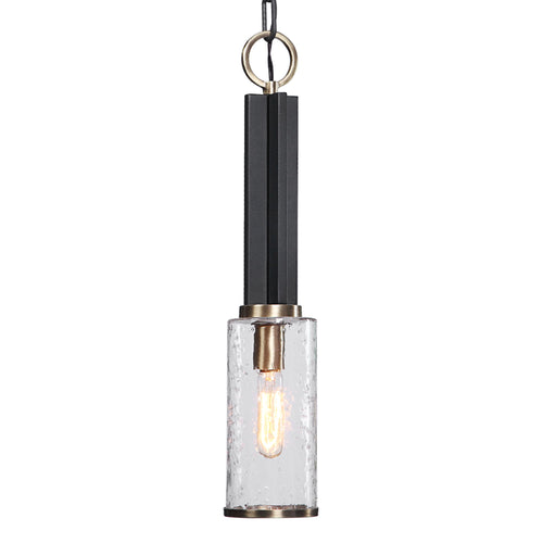 Uttermost Jarsdel 1 Light Black Industrial Mini Pendant hanging with metal shade and modern design for pendant lighting decor.