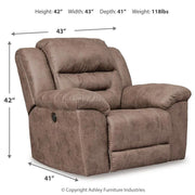Signature Design by Ashley power recliner rocker chair with plush cushioning and dark brown leather upholstery.