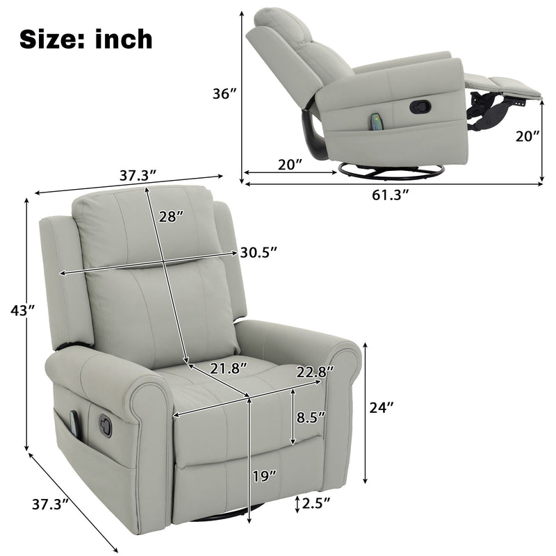 Manual Recliner Chair With 270 Degree Swivel, Massage & Heating, Dual Reclining Positions
