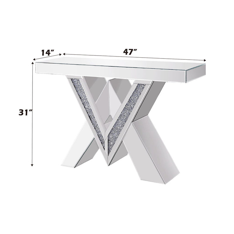 Noralie - Console Table, "V" Shape Pedestal - Mirrored & Faux Diamonds - R&R Furniture Gallery (Fountain Valley, CA)