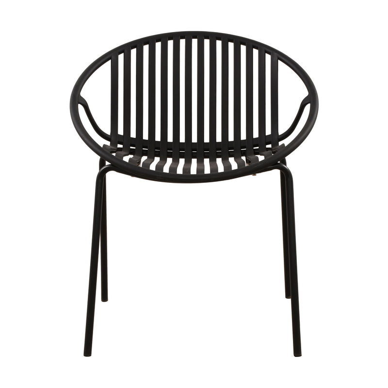 Noble House stackable outdoor chairs with breathable plastic backrests, set of 2, featuring sleek design and weather-resistant construction.