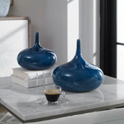 Pair of blue Zayan vases by Uttermost, decorative ceramic vases with a glossy finish, perfect for home decor or floral arrangements.