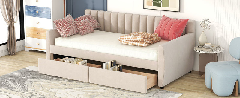 DreamHaus upholstered daybed with slat support, featuring storage drawers underneath, in a modern design with plush fabric upholstery.