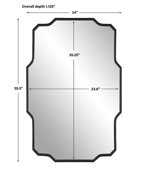 Uttermost Casmus black iron wall mirror with a sleek, modern round frame, mounted on a wall for stylish home decor.