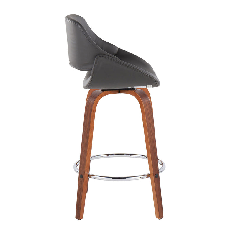 Lumi Source Fabrico mid-century modern counter stool set with round footrest, fixed height, stylish design, and wooden legs.