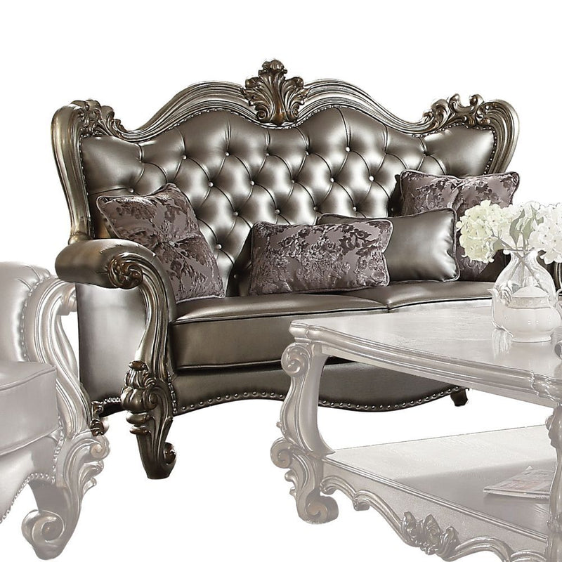 Versailles - Loveseat With 4 Pillows - Silver Synthetic Leather & Antique Platinum - R&R Furniture Gallery (Fountain Valley, CA)