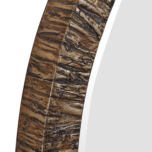 Uttermost Wayde Bark Round Wall Mirror with gold finish, featuring a textured bark-inspired frame for stylish interior decor.
