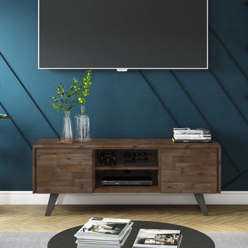 Rustic natural aged brown Lowry TV media stand by Simpli-Home with open shelving and storage cabinets for living room organization.