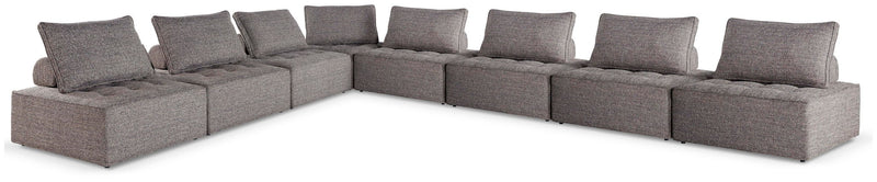 Signature Design by Ashley Bree Zee outdoor sectional with beige cushions and dark wicker frame, perfect for patio lounging.