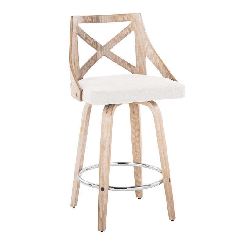 Lumi Source Charlotte farmhouse counter stool set with swivel, fixed height, round footrest, and natural wood finish.