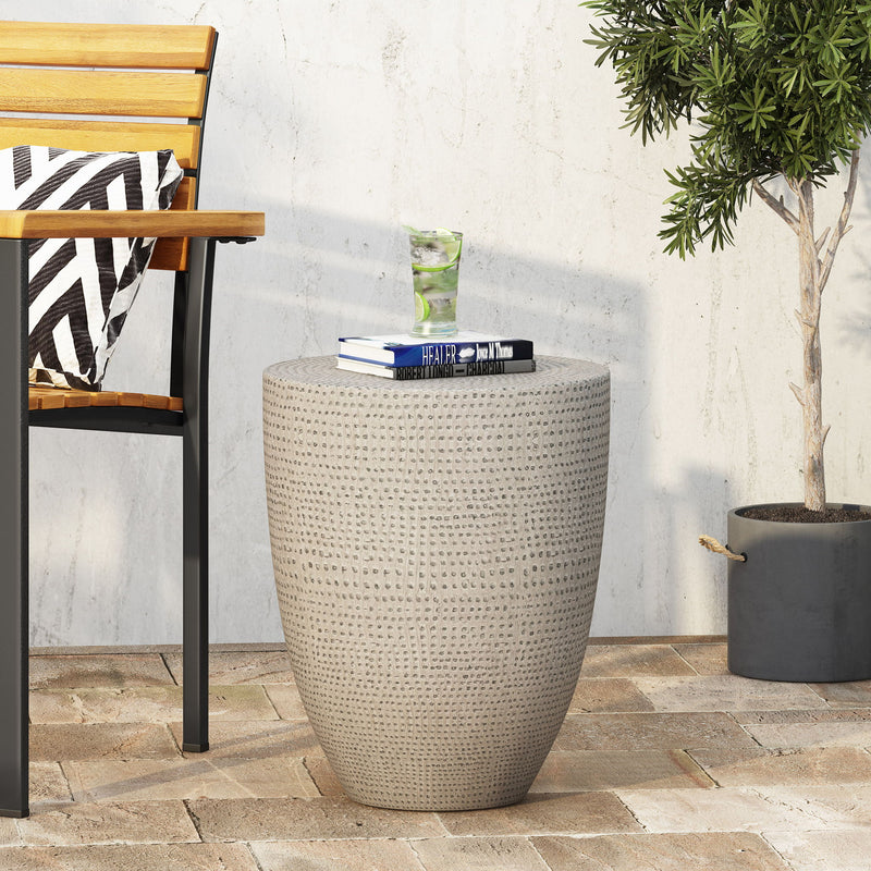 Outdoor lightweight concrete side table by Noble House featuring a natural finish, perfect for patio or garden use.