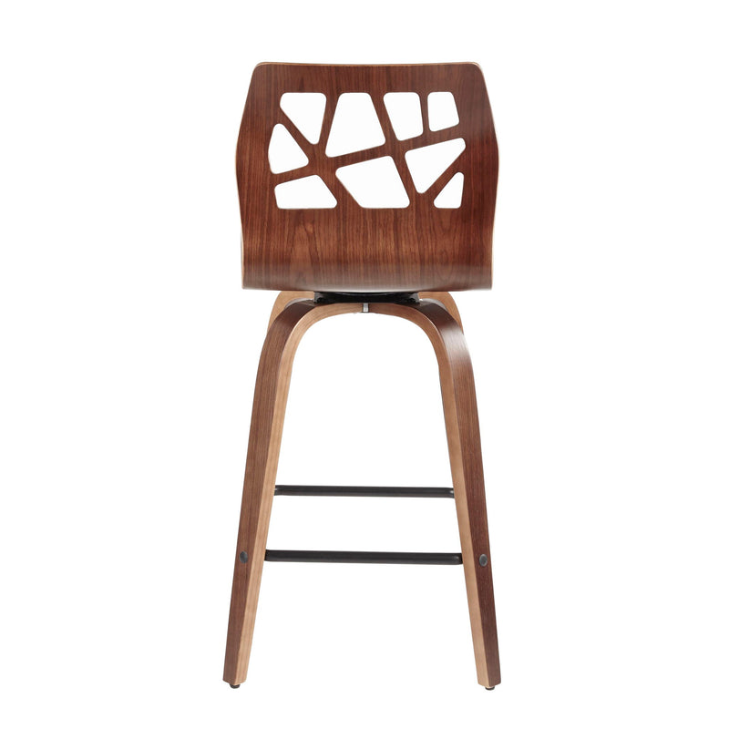 Lumi Source Folia mid-century modern fixed height counter stool set with swivel, featuring sleek design and wooden legs.
