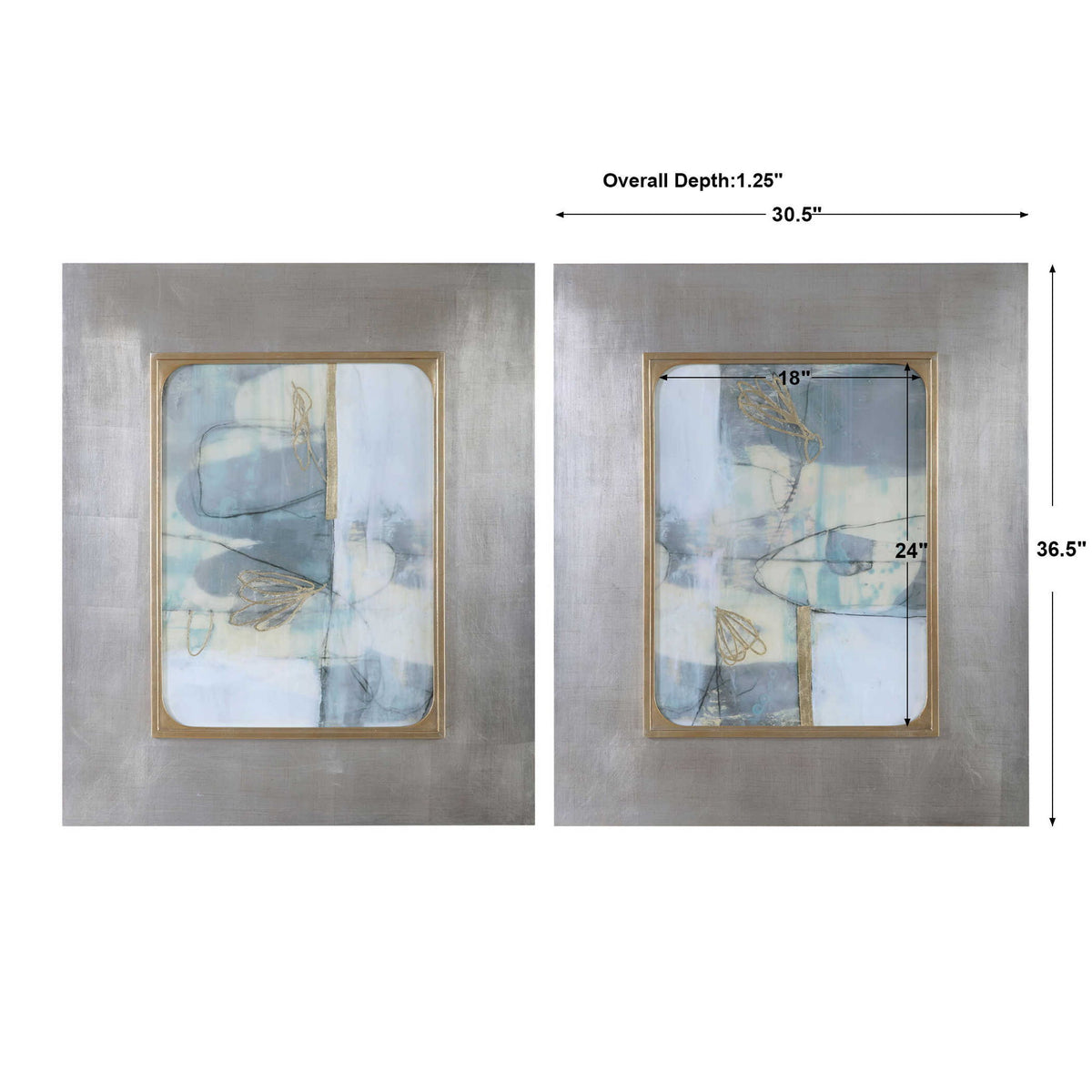 Pair of framed abstract prints titled Gilded Whimsy by Uttermost, featuring dark gray backgrounds and gold accents.