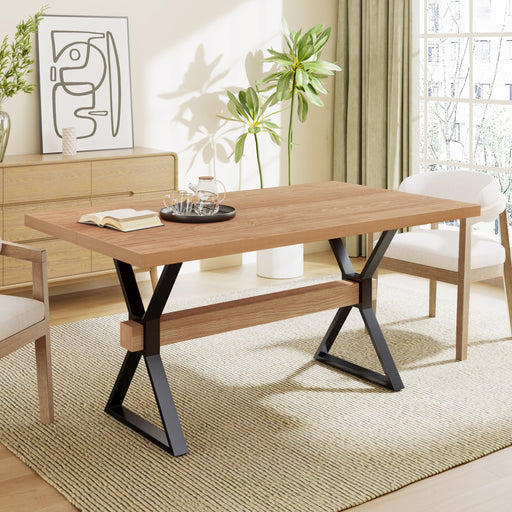 Noble House farmhouse style dining table with X-shaped legs, natural wood top and metal supports for rustic kitchen or dining room decor.