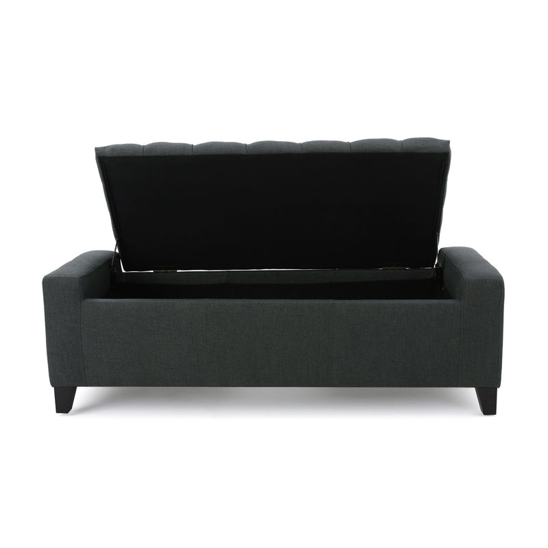 Dark gray contemporary storage ottoman with tufted top from Noble House, showcasing its padded, soft fabric and functional design.