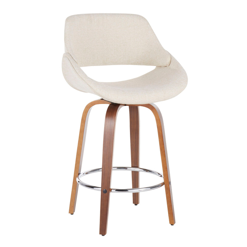 Set of two Lumi Source Fabrico mid-century modern counter stools with wooden legs and upholstered seats.