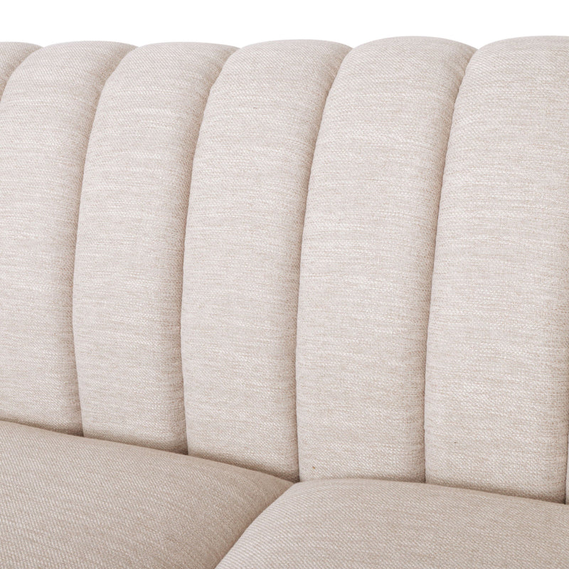 Noble House contemporary 3-seater sofa with accent pillows, beige fabric, and sleek modern design in a living room setting.