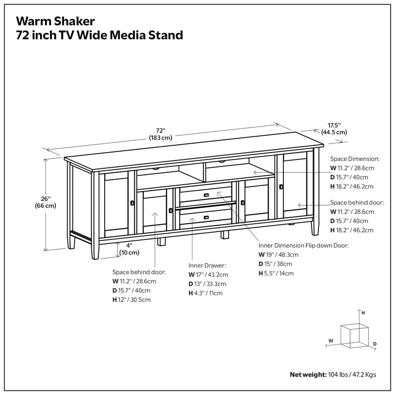 Handcrafted Warm Shaker TV media stand by Simpli-Home, featuring a warm wood finish and open shelving for media devices.