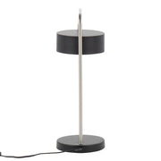 Lumi Source Puck contemporary table lamp with a nickel finish and black base, featuring a sleek modern design.