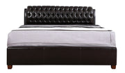 Dark brown upholstered King bed named Marilla by Glory Furniture, featuring a plush headboard and sleek design.