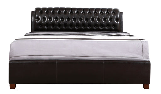 Dark brown upholstered King bed named Marilla by Glory Furniture, featuring a plush headboard and sleek design.
