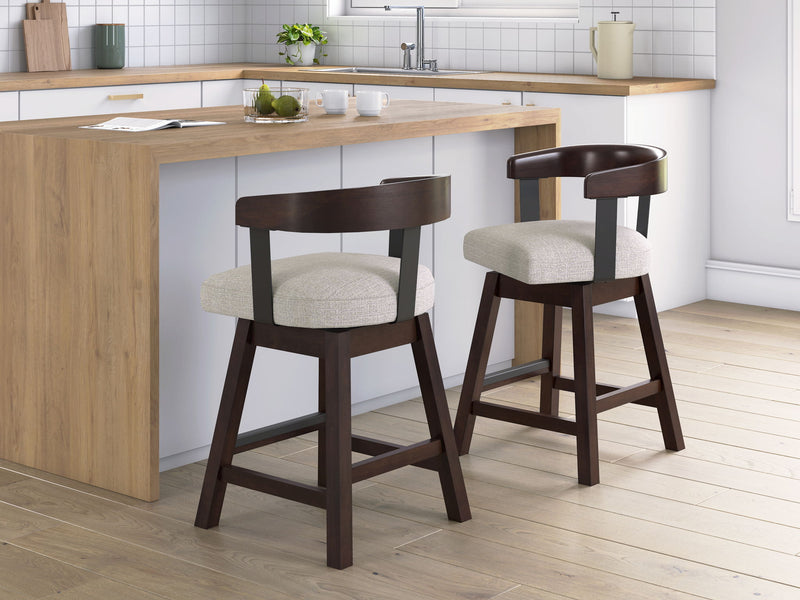 Haddigan - Upholstered Swivel Barstool (Set of 2) - Dark Brown - R&R Furniture Gallery (Fountain Valley, CA)
