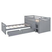 DreamHaus modern loft platform bed with seven drawers, full guardrails, and L-shaped space-saving design in a contemporary bedroom setting.