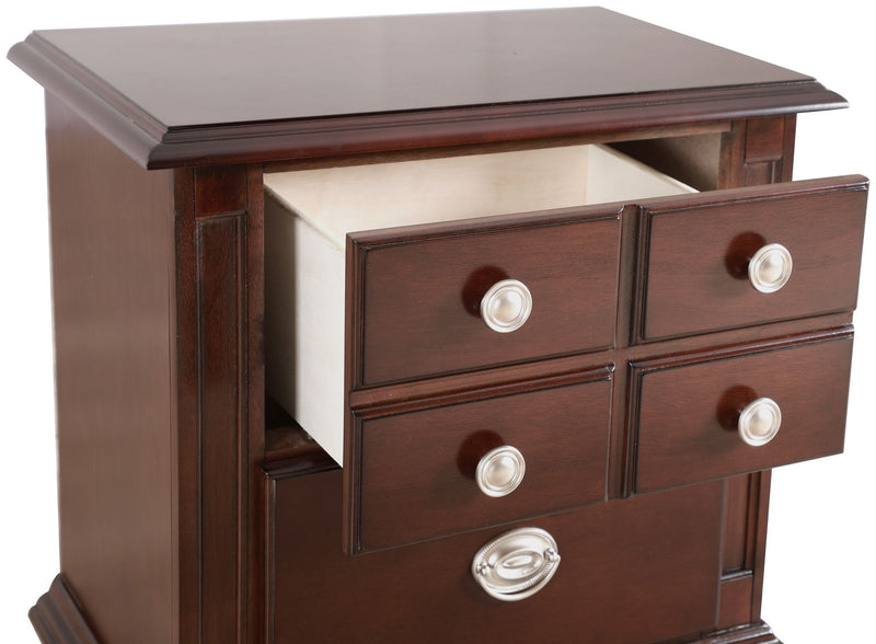 Glory Furniture Summit Cappuccino accent nightstand with a single drawer and sleek modern design, placed beside a bed.