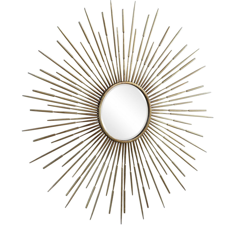 Gold Rays Starburst Mirror wall decor by Uttermost with a sunburst design and a shiny gold finish.