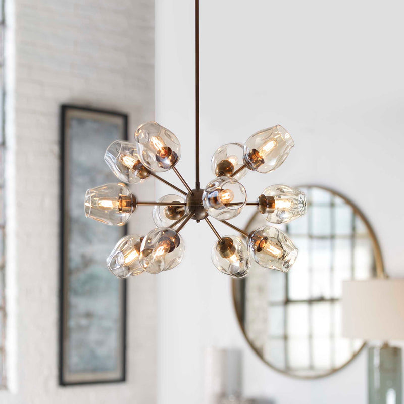 Uttermost Chet 12 Light Sputnik chandelier with light brown finish, featuring a modern geometric design and multiple exposed bulbs.